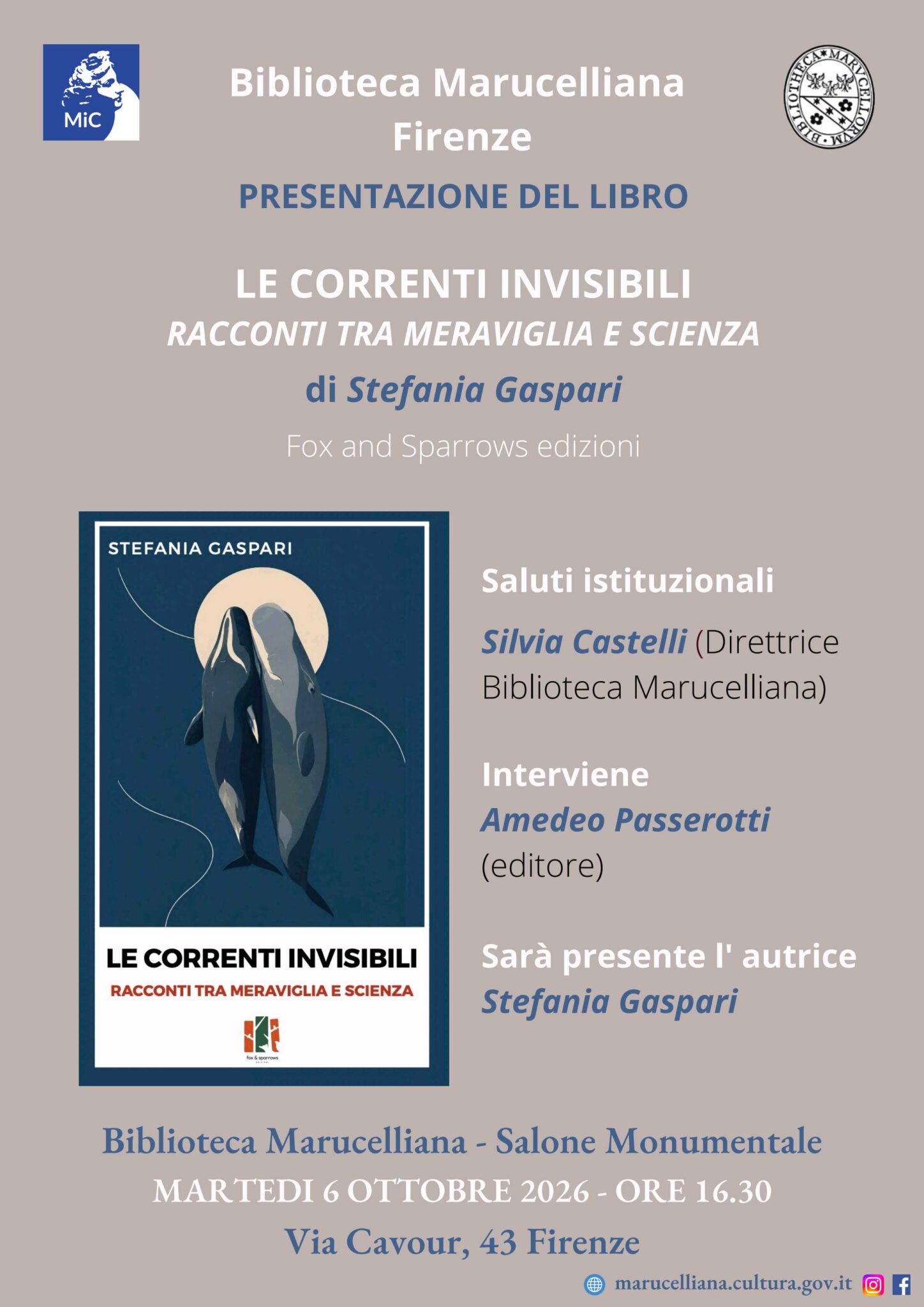 Locandina della Presentazione del libro LE CORRENTI INVISIBILI. RACCONTI TRA MERAVIGLIA E SCIENZA di Stefania Gaspari